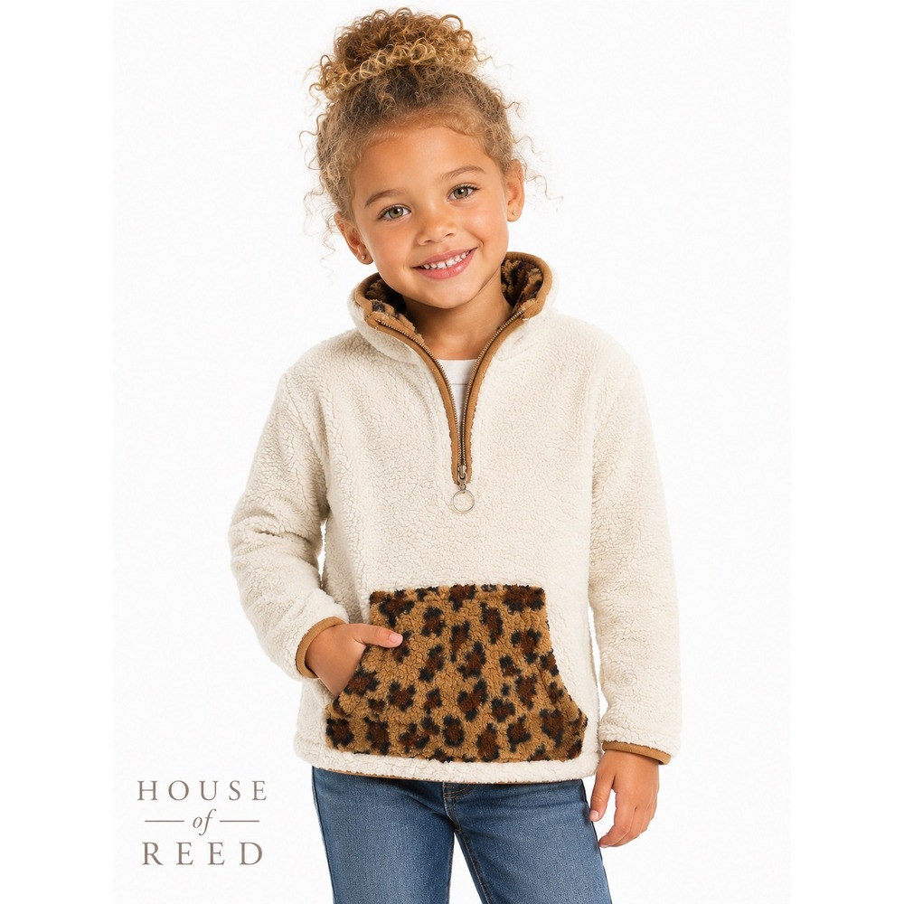 Le Moda Girls Cream Sherpa Leopard Print Fleece Quarter Zip Pullover 3T